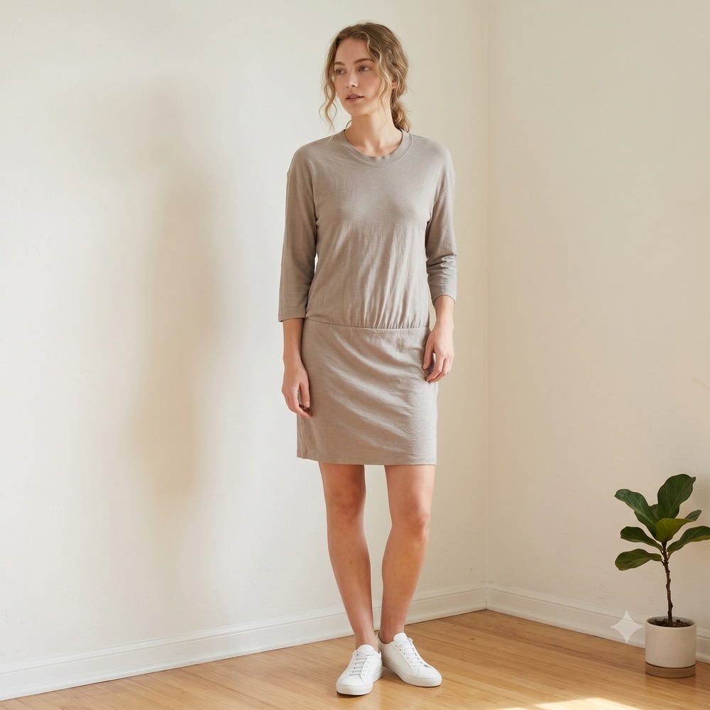 James Perse Womens Dress XL 4 Taupe Elastic Waist 3/4 Sleeve Minimalist Chic